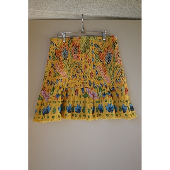 FARM Rio Summer Garden Smocked Waist Mini Skirt Yellow Floral Print Size M - Picture 2 of 10